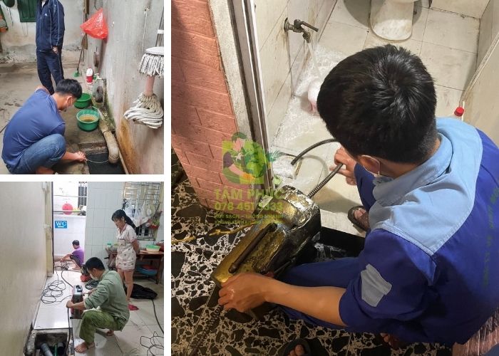 Hình ảnh thực tế triển khai dịch vụ thông cống nghẹt tại Quận 5 của đơn vị uy tín Tâm Phúc